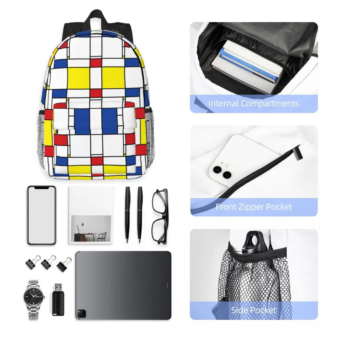 Mondrian Minimalist De Stijl Modern Art I.I Fatfatin Backpacks Boys Girls Bookbag Students School Bags Rucksack Shoulder Bag