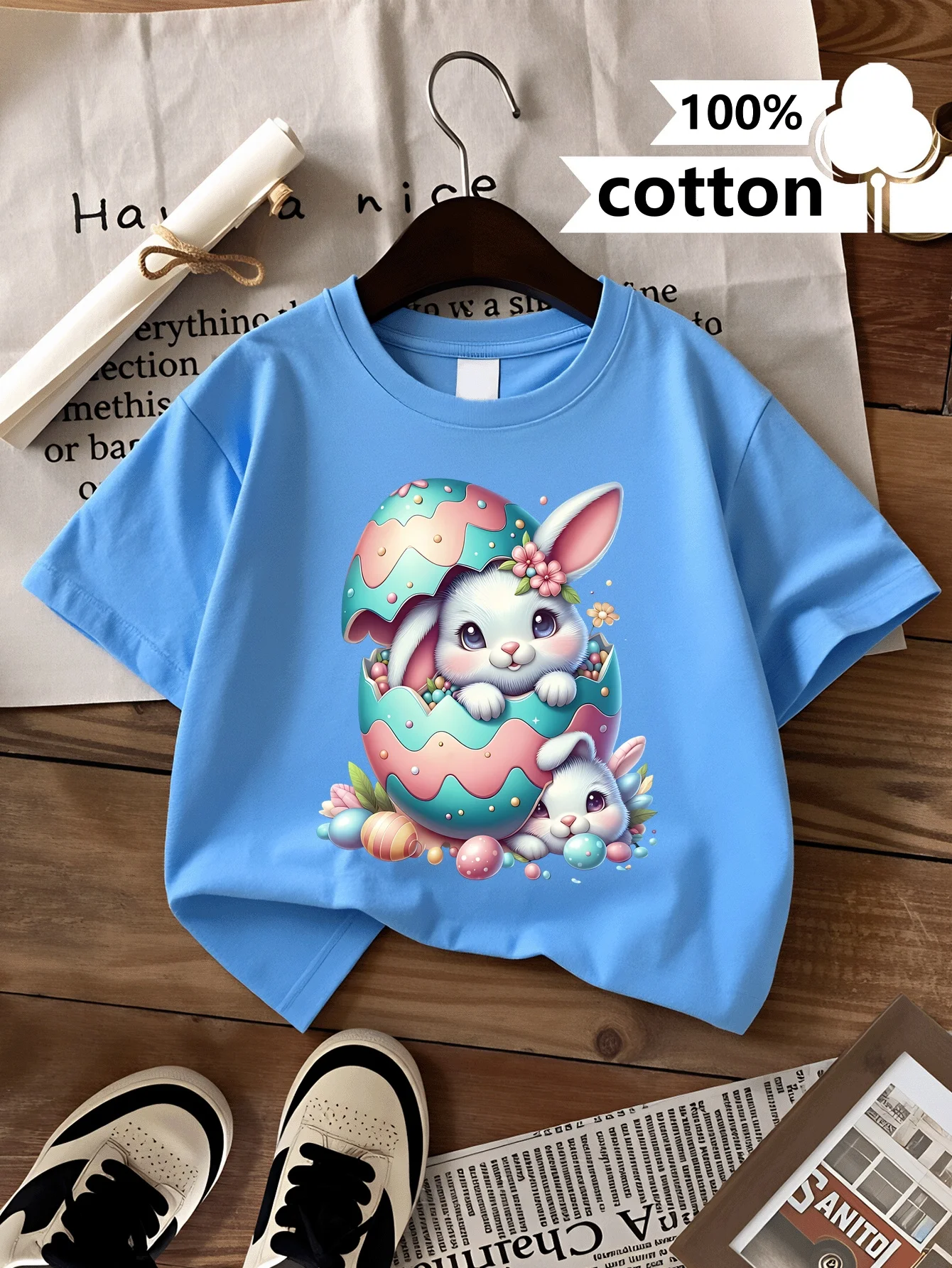Children's Fun Easter Bunny Easter Egg Surprise Pattern Printed Round Neck Short Tshirt Casual and Comfortable Parent Child Wear