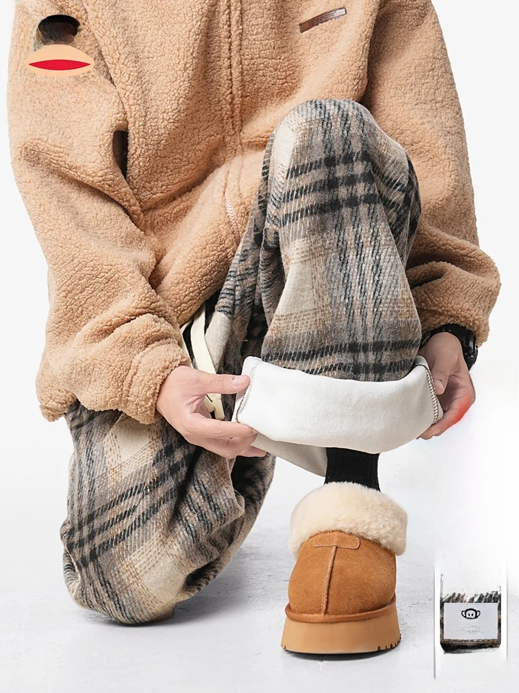 

PaulFrank Thiened Arctic Velvet Plaid Casual Pants Men Spring Trendy Loose Slim Straight Leg Pants Comfortable Warmth Trousers