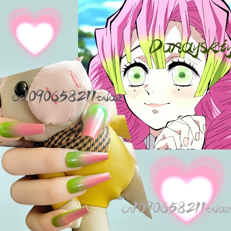 Kanroji Mitsuri костюмы для косплея аксессуары ногти Kawaii прекрасный подарок для фанатов Jirai Kei розовый зеленый демон повседневная вечеринка Хэллоуин Cos
