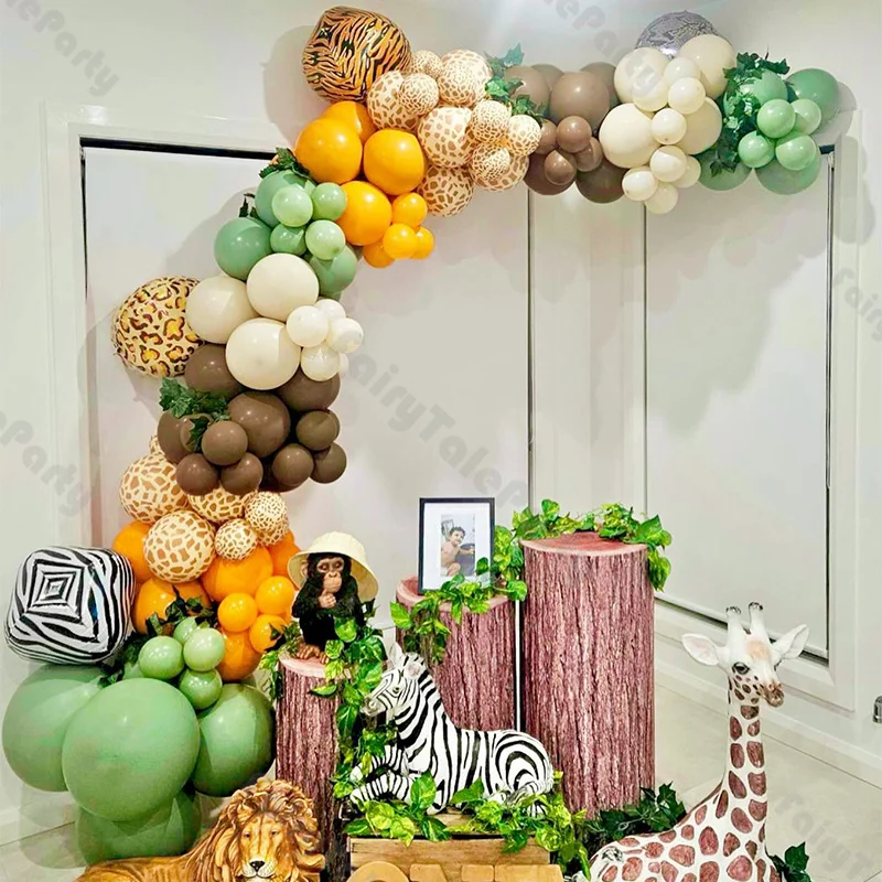 

116pcs Kids Birthday Party Decoration Supplies Animal Theme Party Yellow and Green Balloons with Animal Stripes Latex Ballon Set