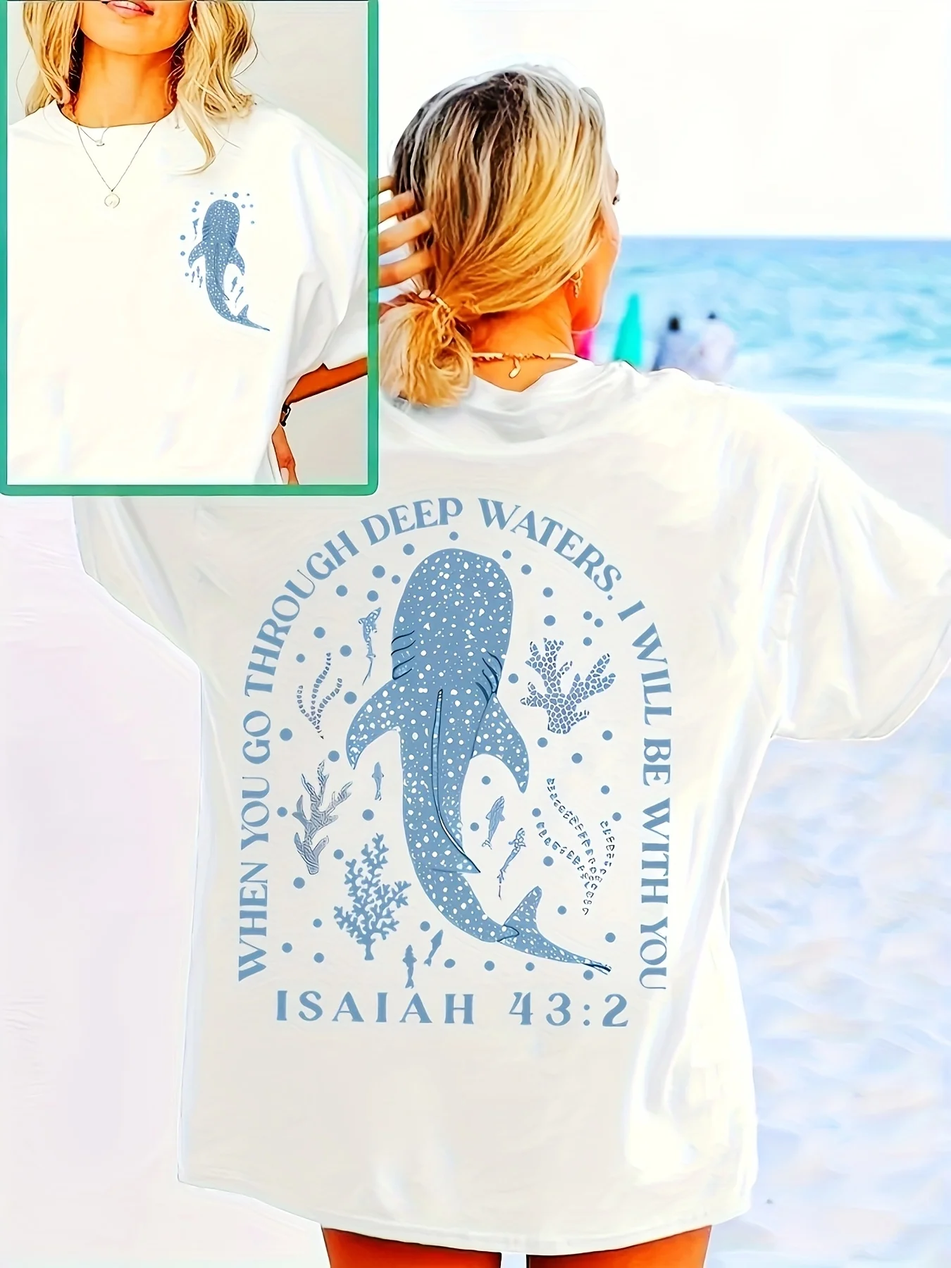 

Women's casual whale pattern T-shirt ocean beach surfing theme round neck suitable for spring and summer wear