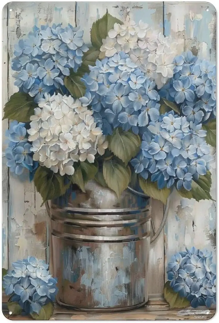 Rustic Metal Tin Sign Hydrangea Iron Bucket Wall Art, Beautiful Flowers Painting Pictures for Home Bedroom Decor
