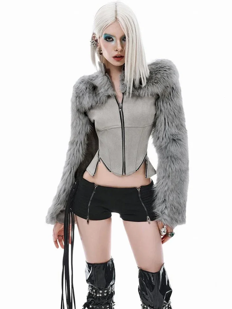 

Leosoxs модная лоскутная куртка женская пушистая флокированная нерегулярная молния хипстерская панк Hottie дикая осенняя трендовая уличная клубная одежда