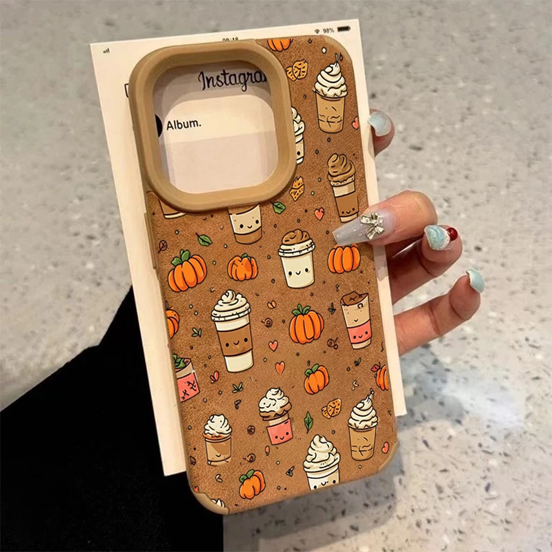 Herbstblatt-Kürbis-Kaffee-Muster Handyhülle für iPhone 18 Pro Max 17 16 15 14 13 12 11 XS X XR Air 16 Plus Kunstlederhülle
