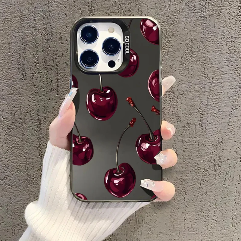 Cute Cherry Pattern Electroplate Silver IMD Phone Case For iPhone 17 16 15 14 13 12 11 Pro Max 17 Air 16E 7 8 Plus X XS XR Cover - náhled 4