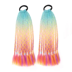 2 Pcs Synthetic Hair Braided Ponytail Extension Chignon Hair Accessories With Rubber Ombre Braid Hairpiece Rainbow Color Girls
