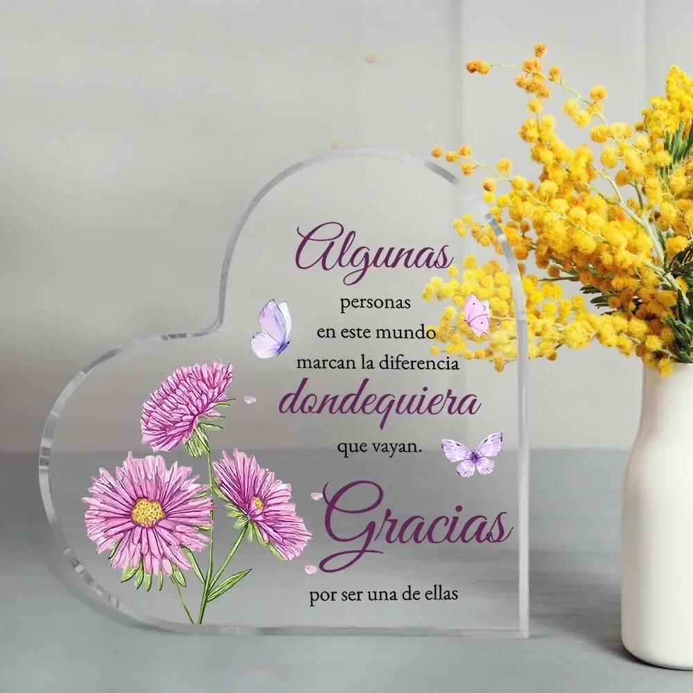 Heart Acrylic Plaque Spanish Gracias Quote Purple Flower Butterfly Design Thank You Gift Desk Decor