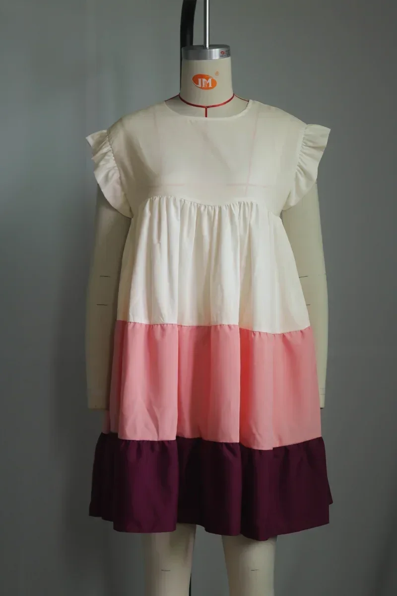 GUWU 패치 워크 짧은 소매 프릴 빅 스윙 작업복 Babydoll 드레스 Vestidos 섹시한 streetwear 세련된 패션 여성 드레스