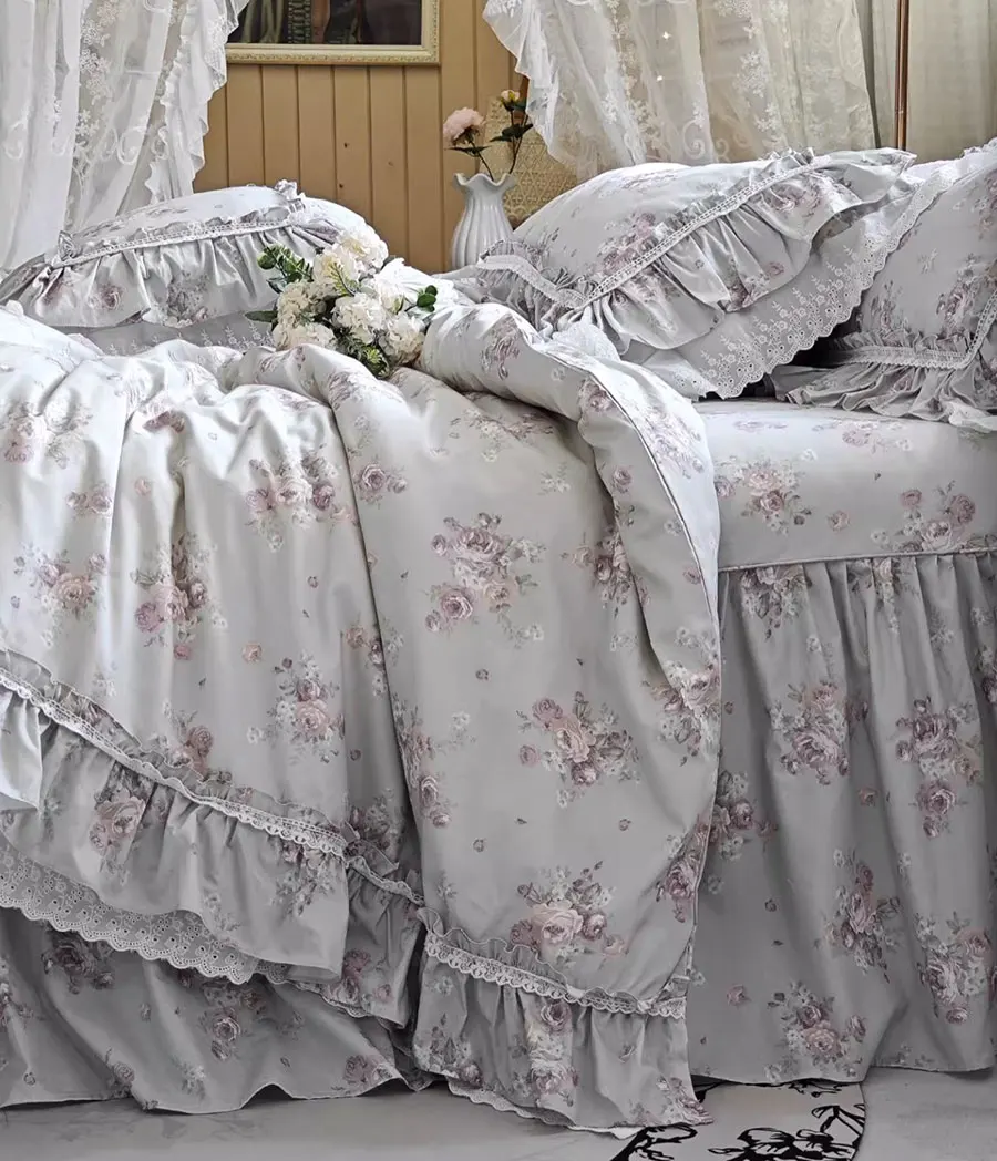 

Romantic fresh floral bedding set,full queen king retro ruffled lace flower cotton home textile bedspread pillowcase duvet cover