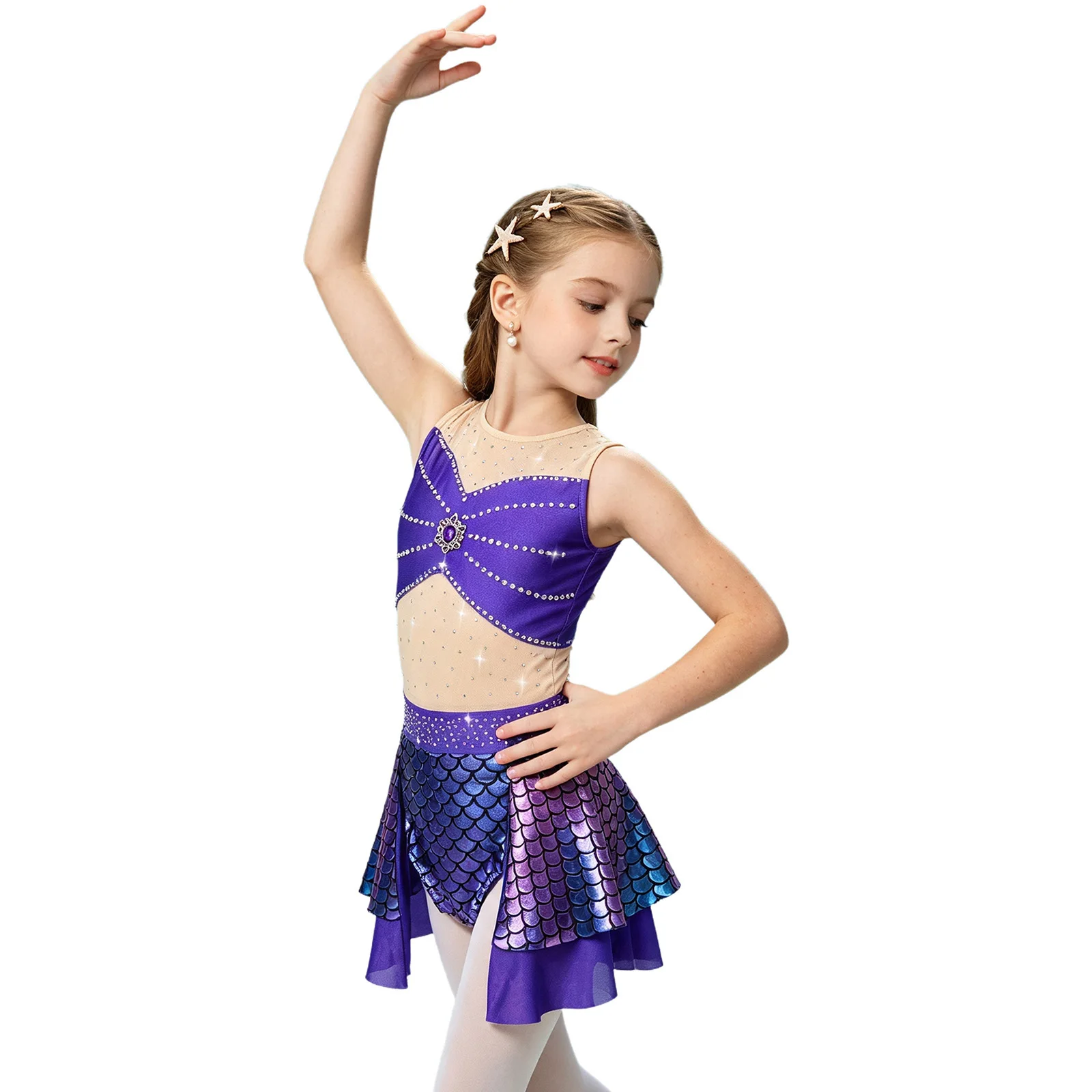 Kids Girls Mermaid Princess Ballet Dance Costume Sleeveless Shiny Rhinestone Mesh Fish Scale Printed Dress Gymnastics Leotard