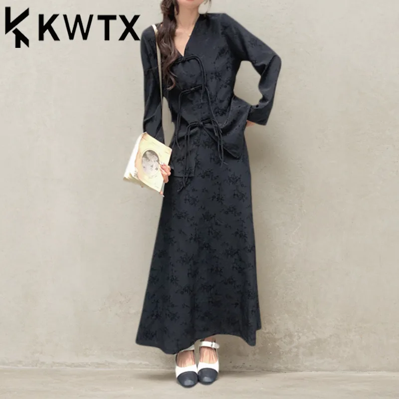 

KWTX 2025 Summer Vintage Black Dress Set Button Top Skirt 2 Piece Outfit Elegant V Neck Ladies Fashion High Quality