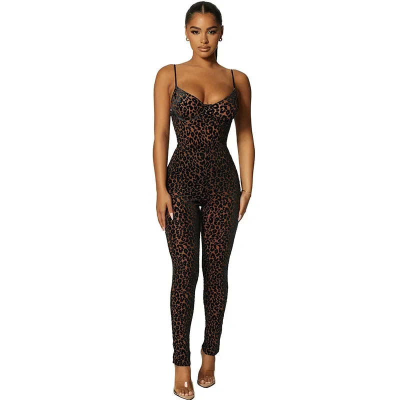 2024 summer new women's sexy low-cut halter flocking tight wrap buttock jumpsuit women