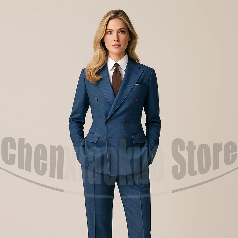 Chic Denim Women Suit Double Breasted Peak Lapel Outfit 2 Piece Blazer Pants Formal Office Lady Business Casual Slim Suits