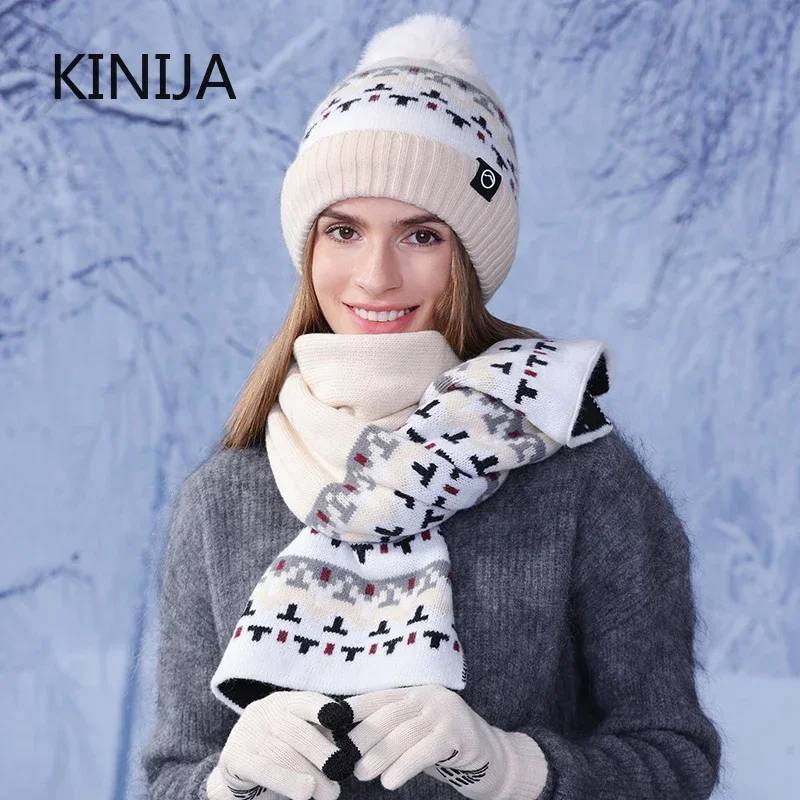 3pcs Winter Women Wool Hat Scarf Gloves Set Russia Knitted Hats Shawl Set Outdoor Warmer Beanies Cap Official Website Skullies