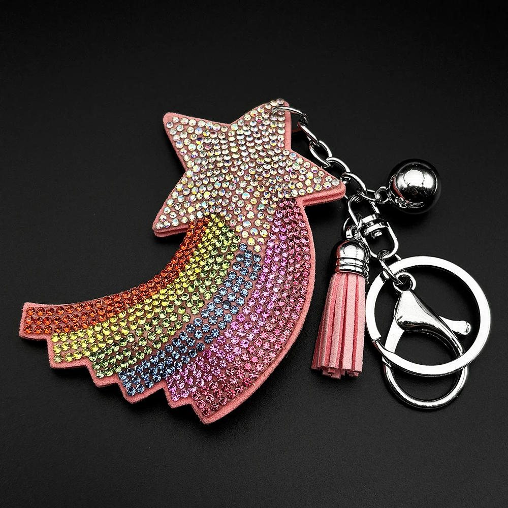 Pink Rainbow Meteor Schlüsselanhänger für Damen und Herren, voller Glitzer, Kristall, modische Rucksack-Dekoration, Schmuckgeschenke – Detail 5