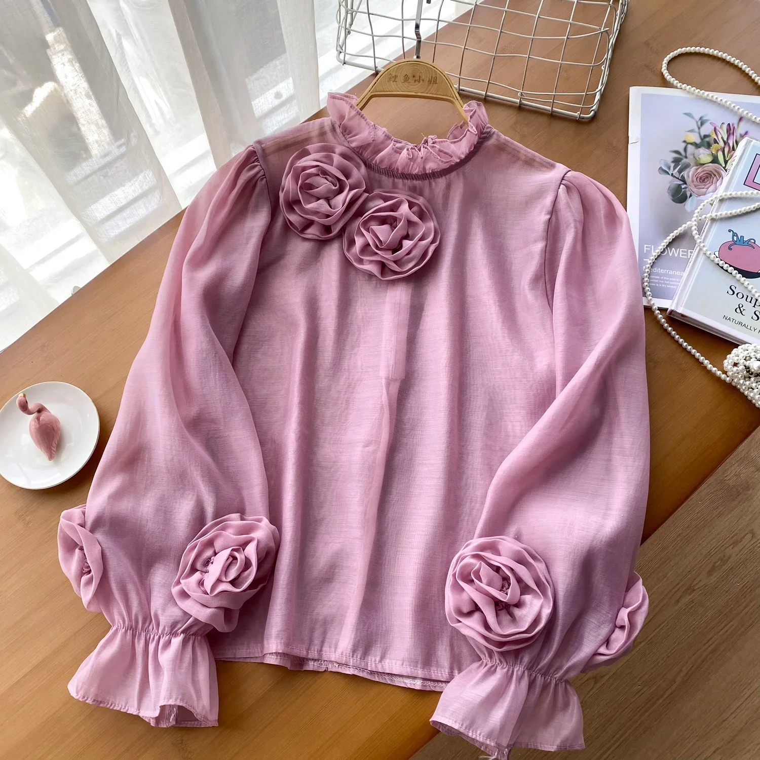 2024 Ruffles Flower Loose Women Shirt Elegant O Neck Long Sleeve Transparent Thin Ladies Mesh Casual Fashion Chic Blouse