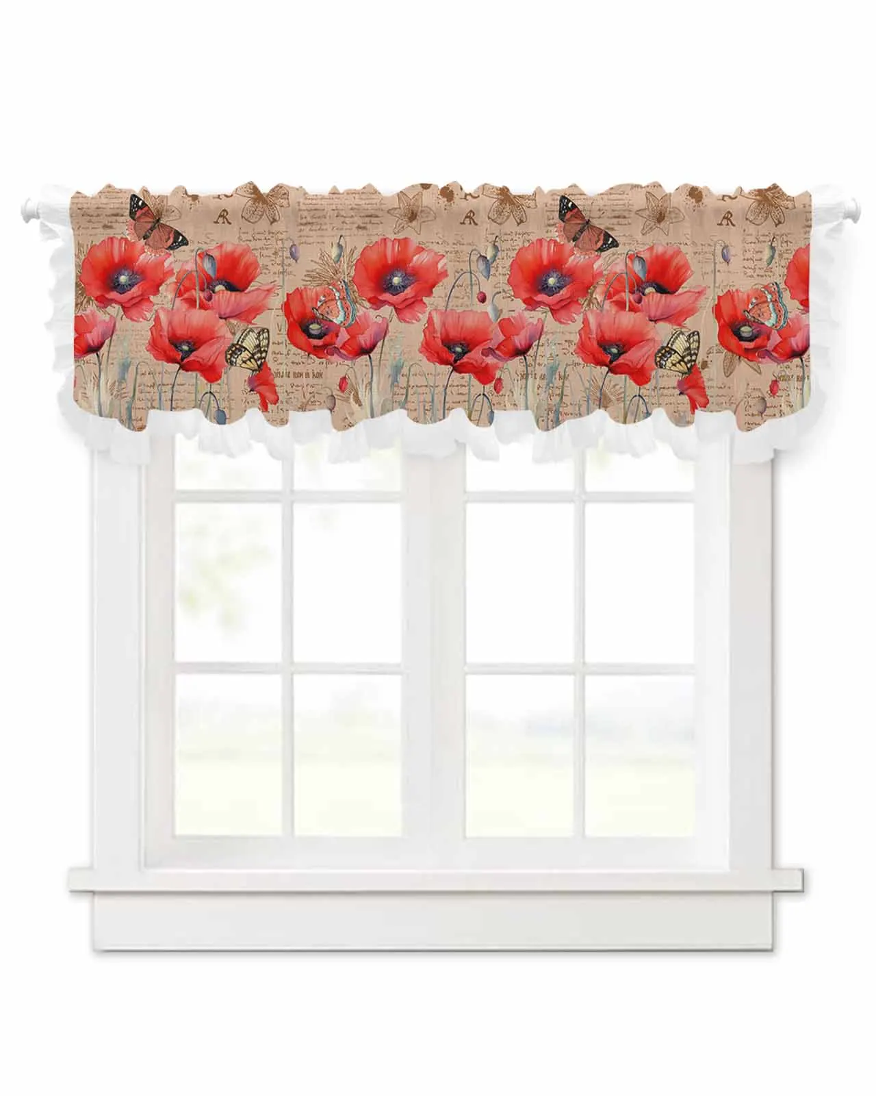 Poppy Flower Retro Butterfly Short Tulle Half Curtains for Living Room Kitchen Door Cafe Window Sheer Valance Drapes