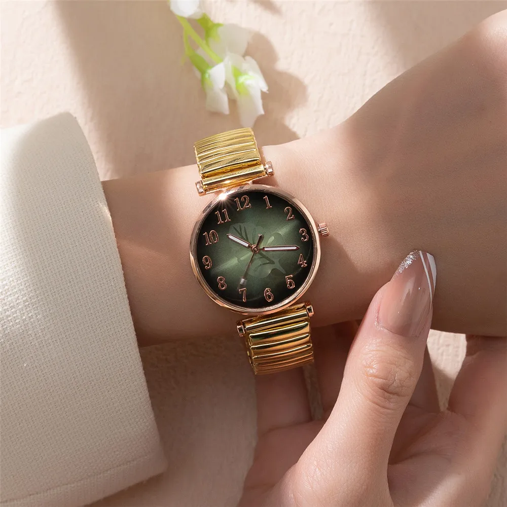 Minimalist Digital Leaf Pattern Women\'s Quartz Watch Fashion Luxury Gold Stretch Classless Strap Ladies Dress Clock Wristwatches