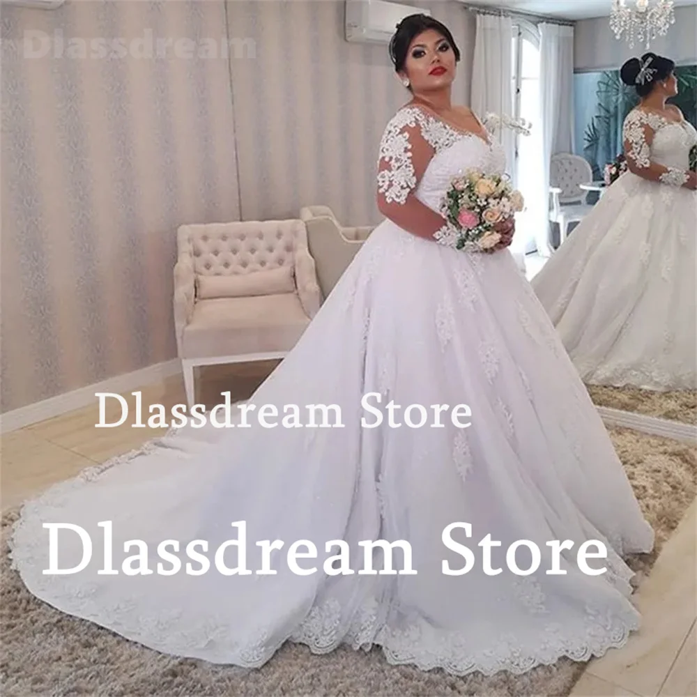 Nuove donne di lusso abito da sposa trasparente scollo tondo maniche lunghe principessa Prom Ball Gown Appliques di pizzo a-line Tulle abito da sposa