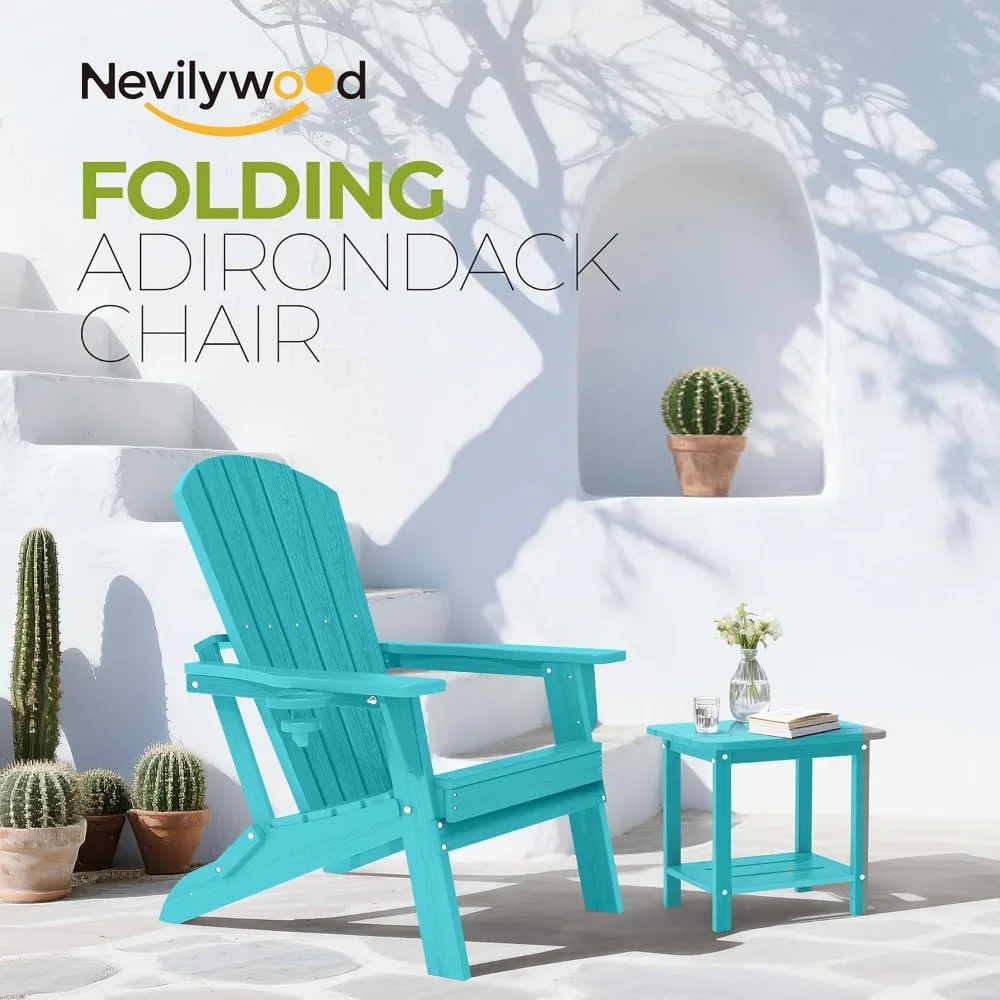 nevilywood Folding Adirondack Chair - Extended Ergonomic Backrest, Cup Holder - Easy Assembly - Durable HDPE Plastic, Weather