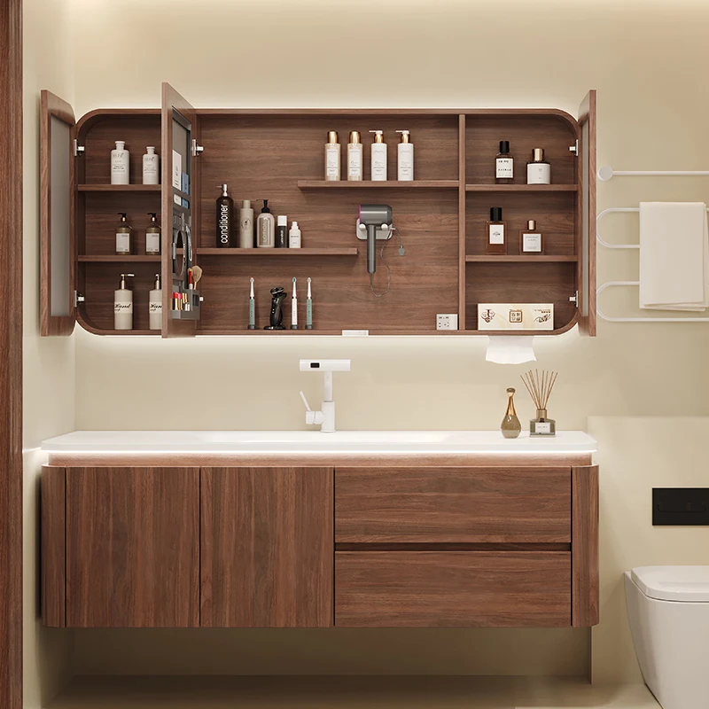 Modern Luxury Atmospheric Style Solid Wood Bathroom Cabinet Storage Bathroom Sink Vanity with Bathroom Mirror