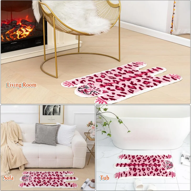 VIKAMA Pink Leopard Tiger Shaped Bath Mat Y2K Fluffy Absorbent Non Slip Bathroom Rug Cute Animal Bedroom Washable Floor Doormat view 3