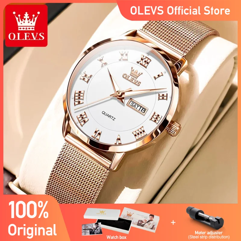 OLEVS Women's Watches Simple Fashion Roman Numerals Oirginal Wristwatch for Female Stainless Steel Mesh Strap Week Date Luminous