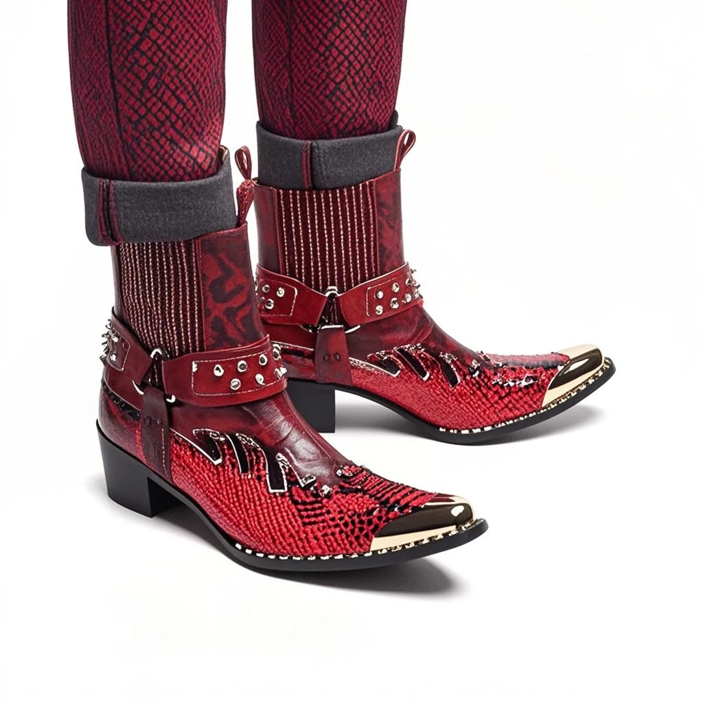Herren-Designer-Stiefeletten aus echtem Leder mit Metallspitze, Nieten-Dekor und Print, Übergrößen, Cowboy-Motorrad-Schuhe für Business – Detail 22
