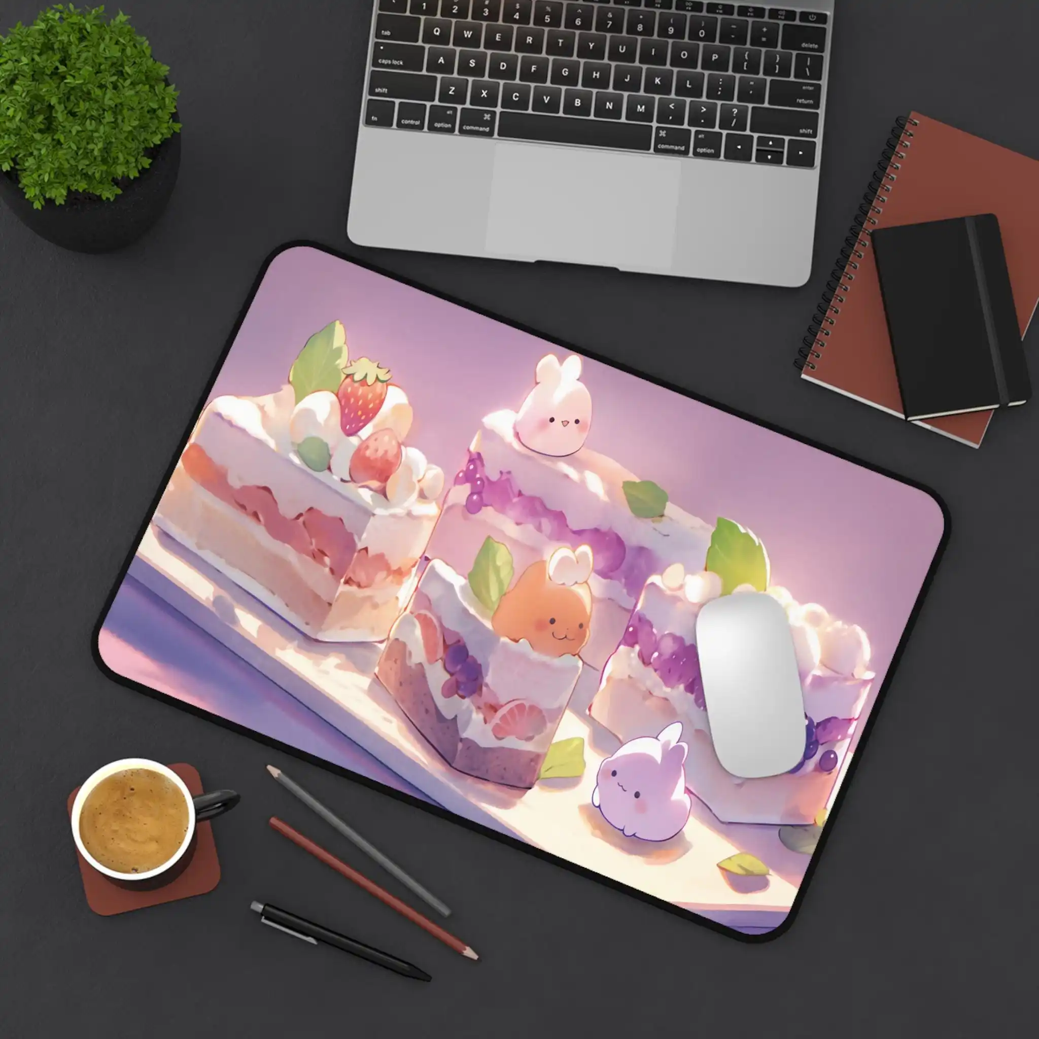 سجادة طاولة بنمط كعكة المعجنات الأرجوانية اللطيفة، لوحة ماوس للألعاب مع تصميم طعام الرسوم المتحركة، سجادة مكتب فتاة حلوة مقاس XXL، هدية مثالية