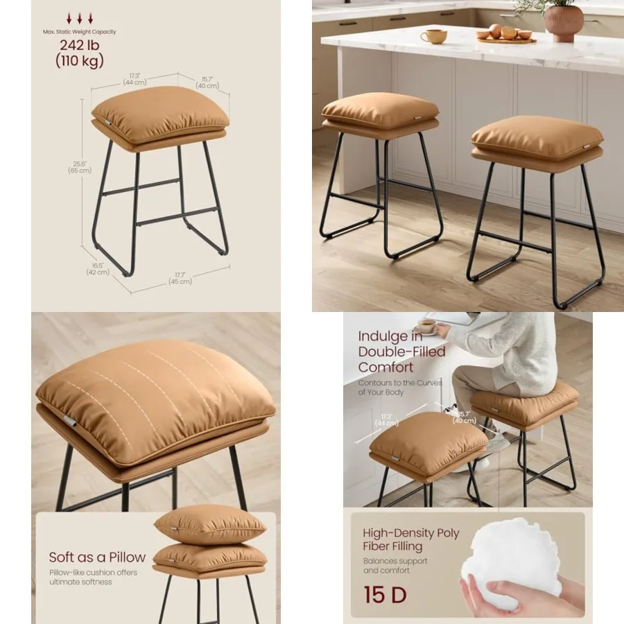 

Bar Stools, Counter Height Bar Stools, Leather Counter Stools Barstools with Soft Cushion and Metal Sled Legs, 25.6 Inch Bar He