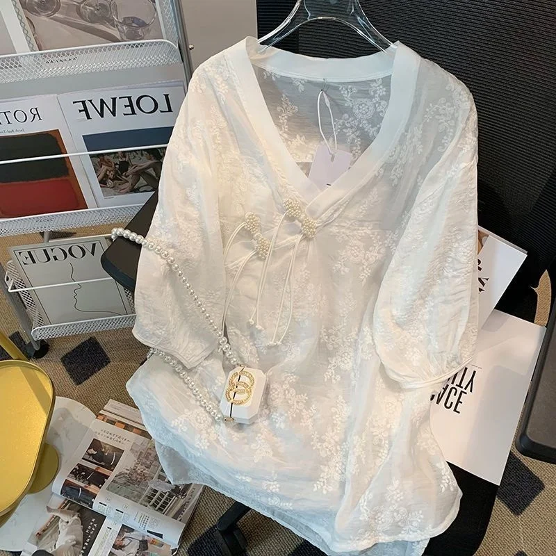 

plus Size Women's Lace V-neck Summer Shirt Loose Fit Embroidered Pearl Button Korean Style And Pear Shaped Body Fit