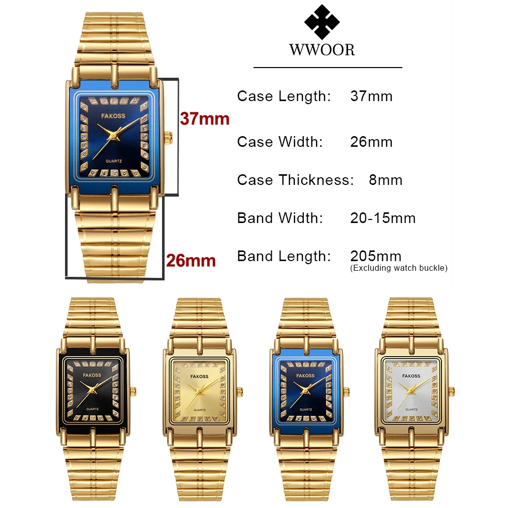 WWOOR New Luxury Gold Man\'s Watches Business Waterproof Male Clock Stainless Steel Square Quartz Watch For Men Relogio Masculino