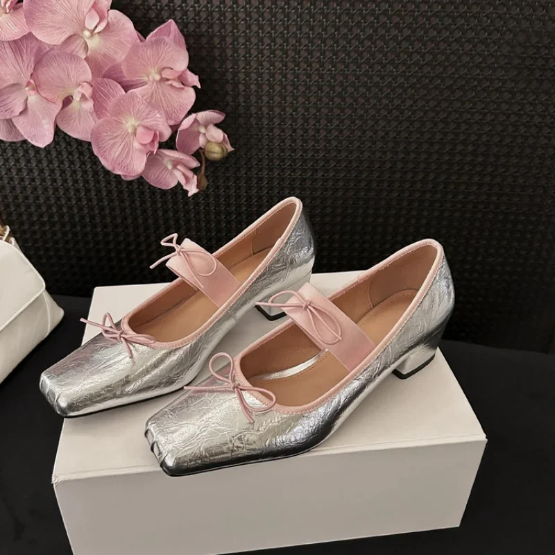 

Spring 2025 New Women's Mary Jane Shoes Square Toe Thick Bow Decorative Retro Elegant Temperament Office Women Single Shoes