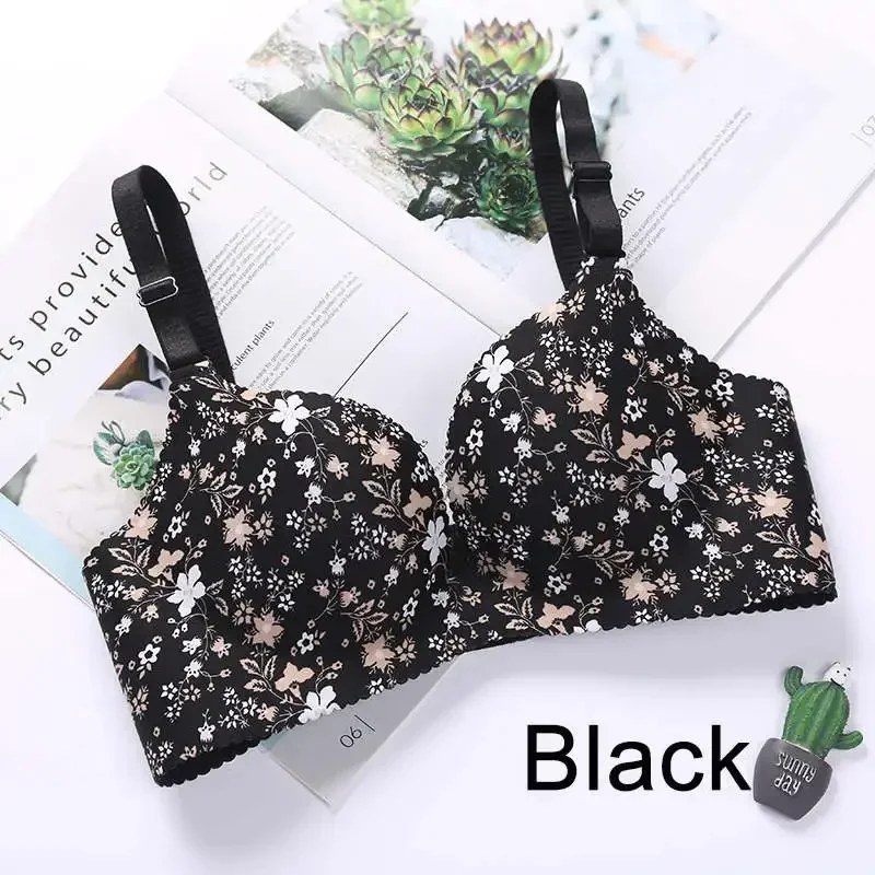 Sexy Lingerie Flower Print Gathered Bras Women Floral Push Up Seamless Bra Underwear