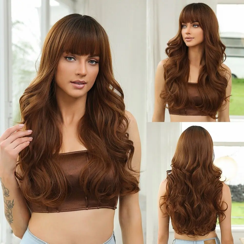 

Full bangs gradient brown long curly hair, big waves, fashionable full head wig Synthetic