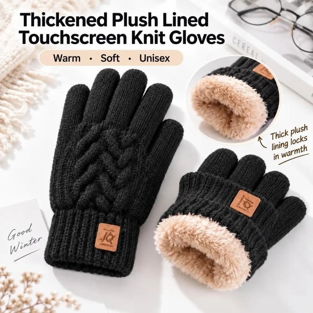 Durable Unisex Touch Screen Gloves Acrylic One Size Cable Knitted Gloves Thick Fleece Lined Gloves Cold Weather Wear