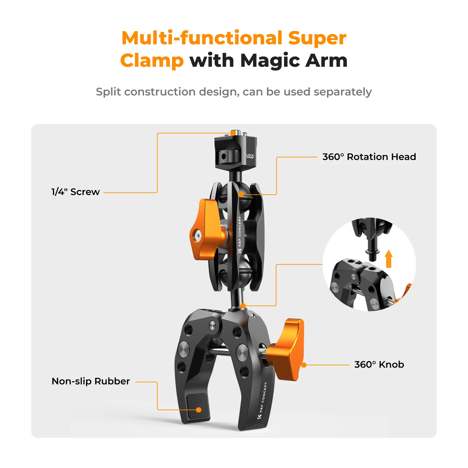 K & F Concept Multi-Funcional Super Clamp, Cabeça de Bola Dupla 360 °, Braço Mágico, GoPro, Insta360, DJI, OSMO, Câmera Acoto, Telefone