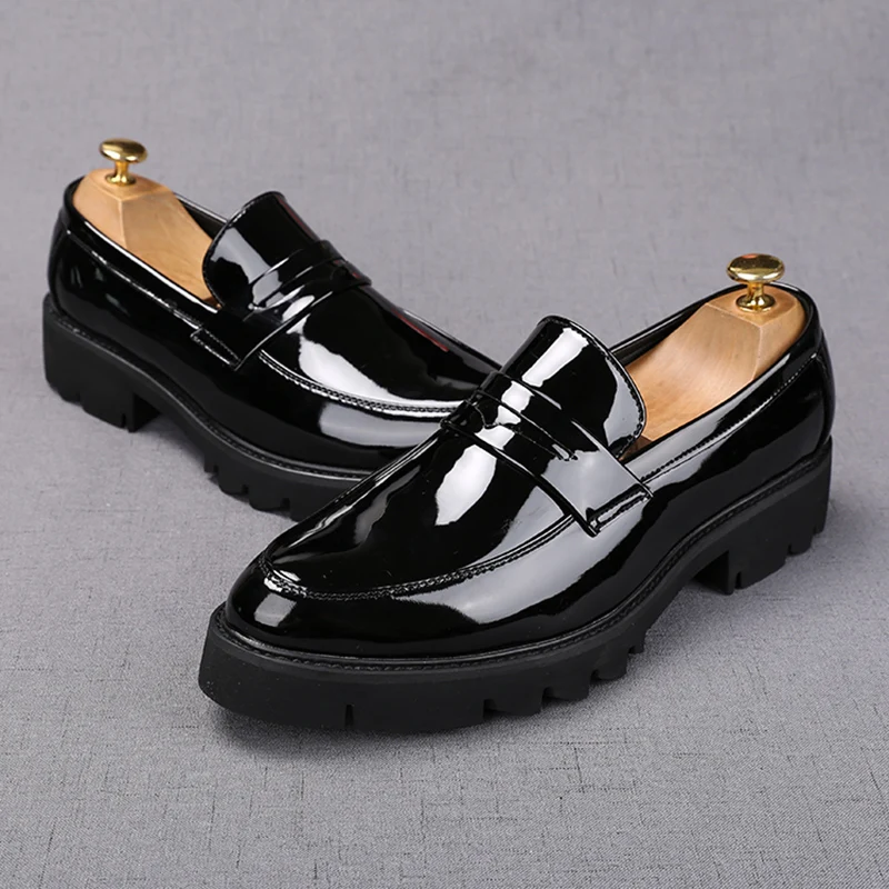 

men fashion wedding party dress patent leather shoes slip-on platform shoe black trend breathable loafers gentleman footwear man