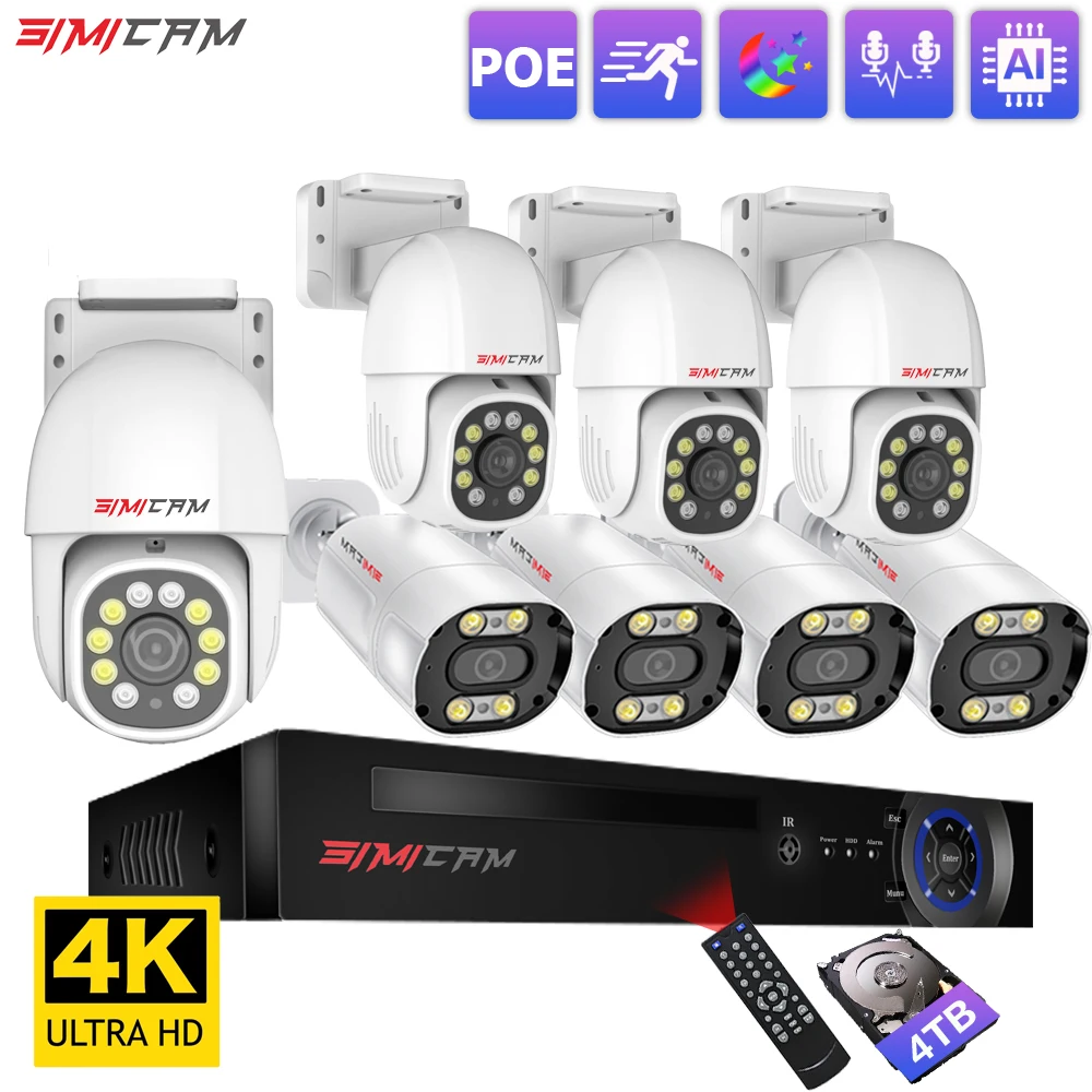 4K Security Caemra System POE IP PTZ Bullet 8MP NVR Kit Color Night Vision Audio WaterProof Home Street Video Surveillance Set