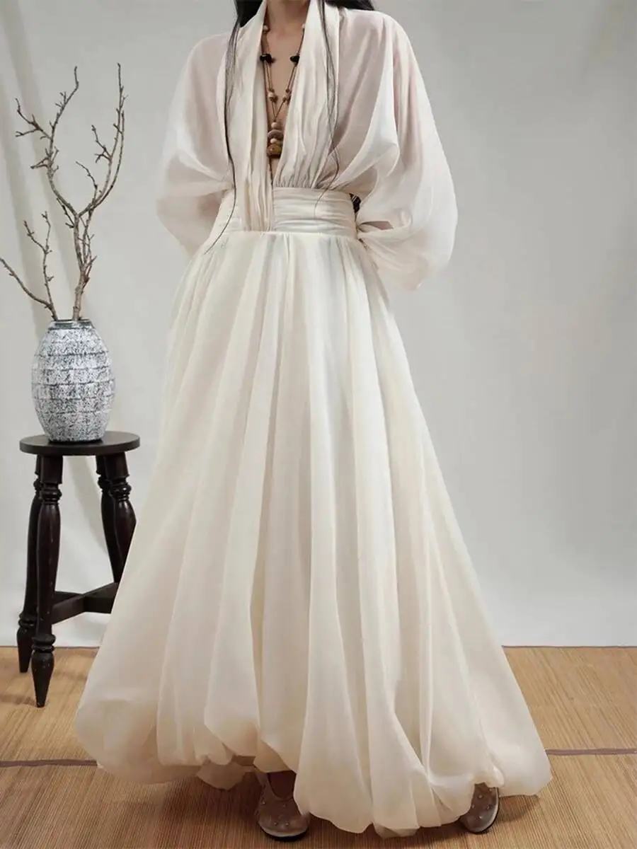 TLXT Elegante frauen Lose Sheer Gespleißt Falten Sexy Kleider V-ausschnitt Mit Langen Ärmeln Hohe Taille Mode Kleid Weibliche Kleidung Neue