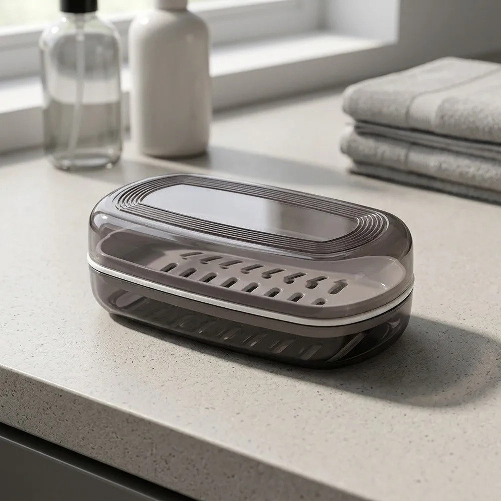 Ergonomic Soap Dish for Travel with Moisture-Resistant Lid Drain Tray and Multi-Bar Capacity 14x8x5cm White Black