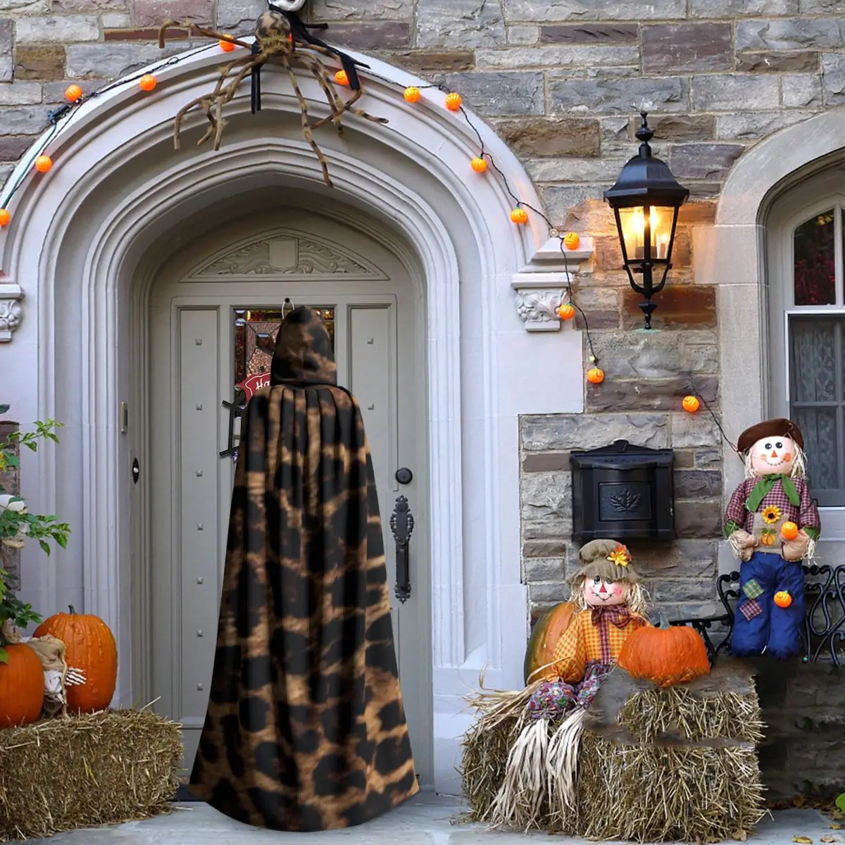 Leopard Print Long Hooded Cloak Witch Medieval Costume Cosplay Cape HalloweenParty Adult Unisex