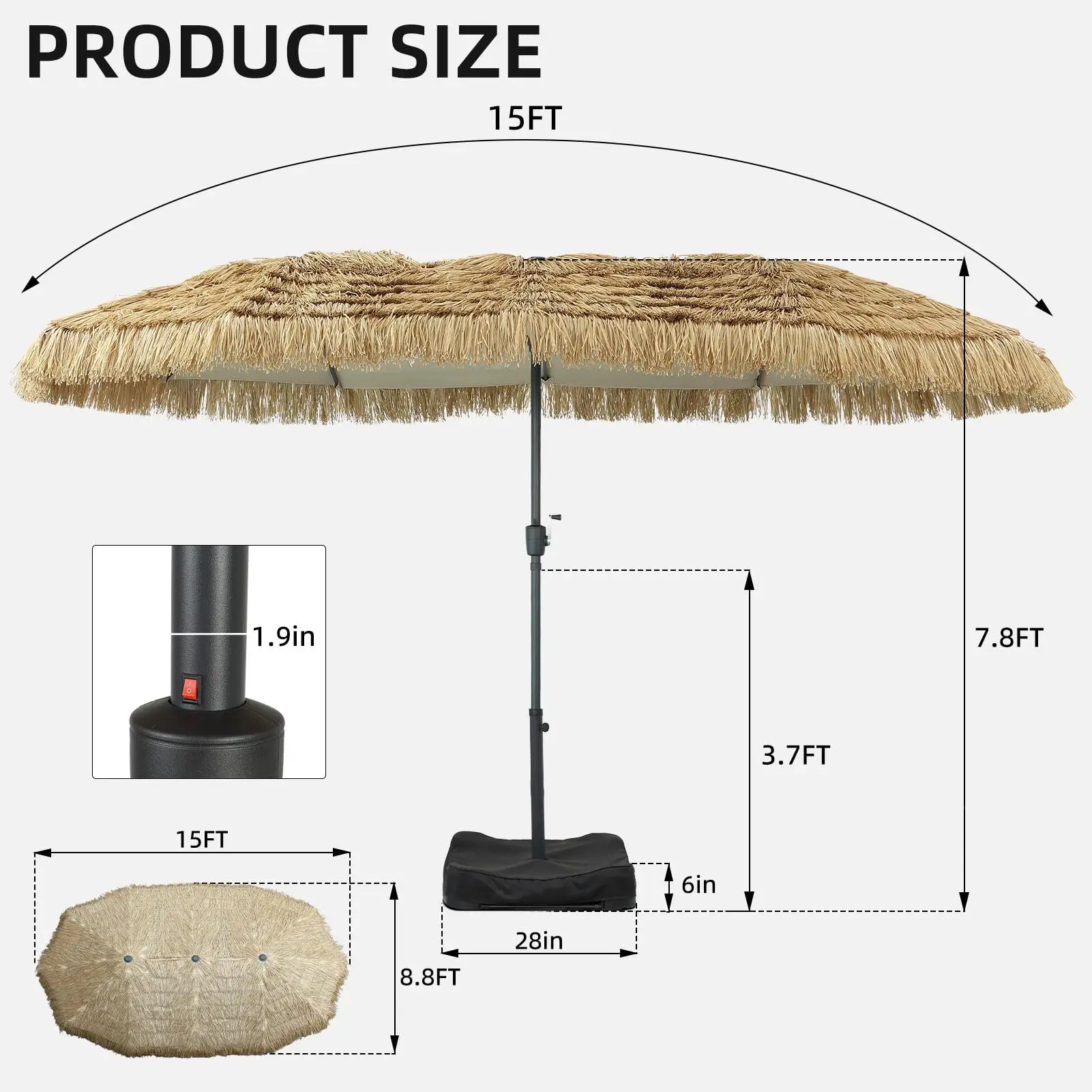 7.5ft Tiki Patio Umbrella Outdoor Table Umbrella(Optional with Light or Base), Market Umbrella,with Crank for Patio