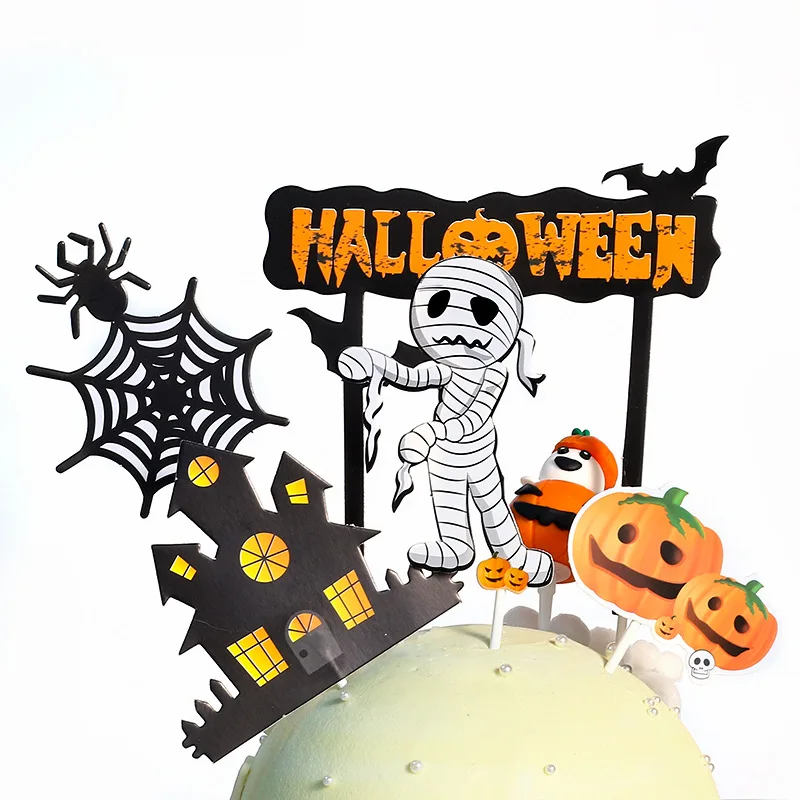 Spider Web Halloween Castle Cake Topper Halloween Pumpkin Bat Ghost Witch Cake Toppers Baking Party Flag DIY