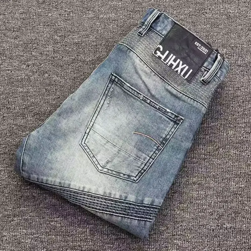 Streetwear Fashion Men Jeans Retro Blue Stretch Slim Fit Spliced Designer Biker Jeans Homme Patched Hip Hop Denim Pants Hombre