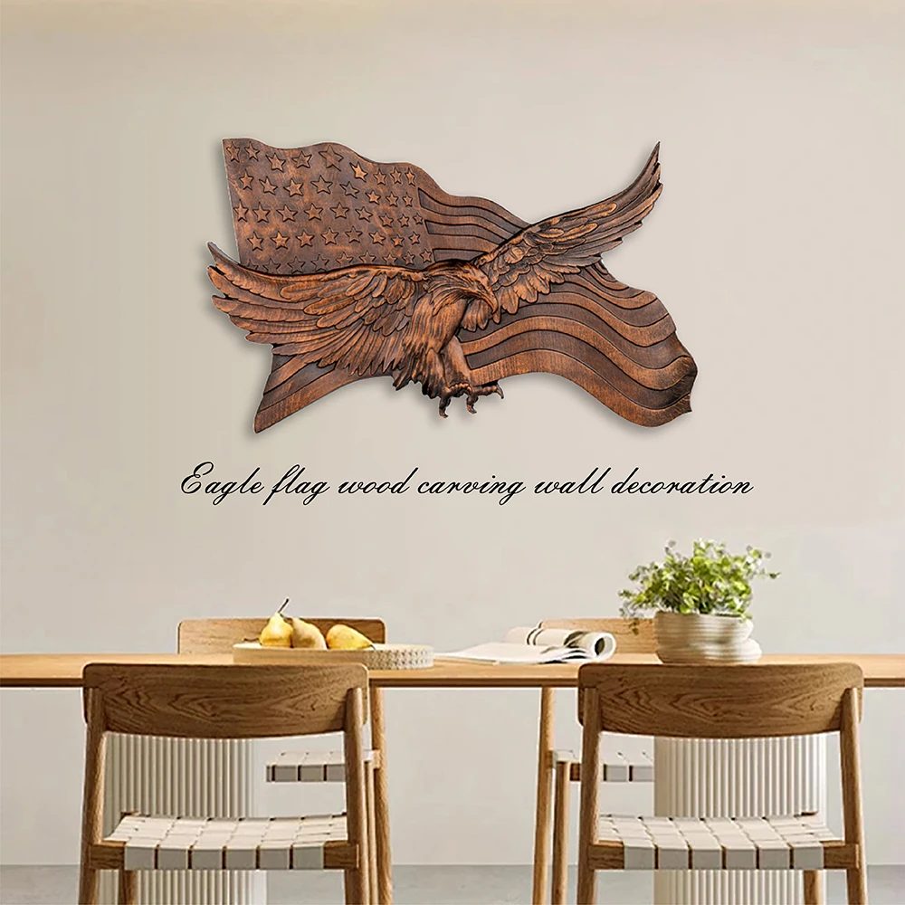 Wooden American flag with eagle, wall decoration, wood carving, 3D engraved wall hanging, gift from a patriot