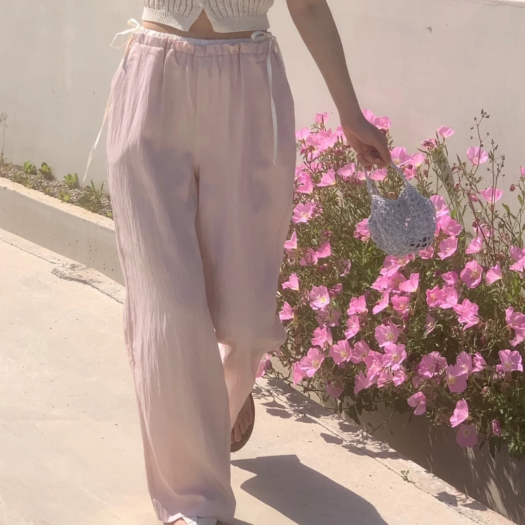 ハイウエストワイドレッグカジュアルパンツ レディース 夏 エレガント ノットタイ スプライス ロングパンツ 快適 通気性 おしゃれ