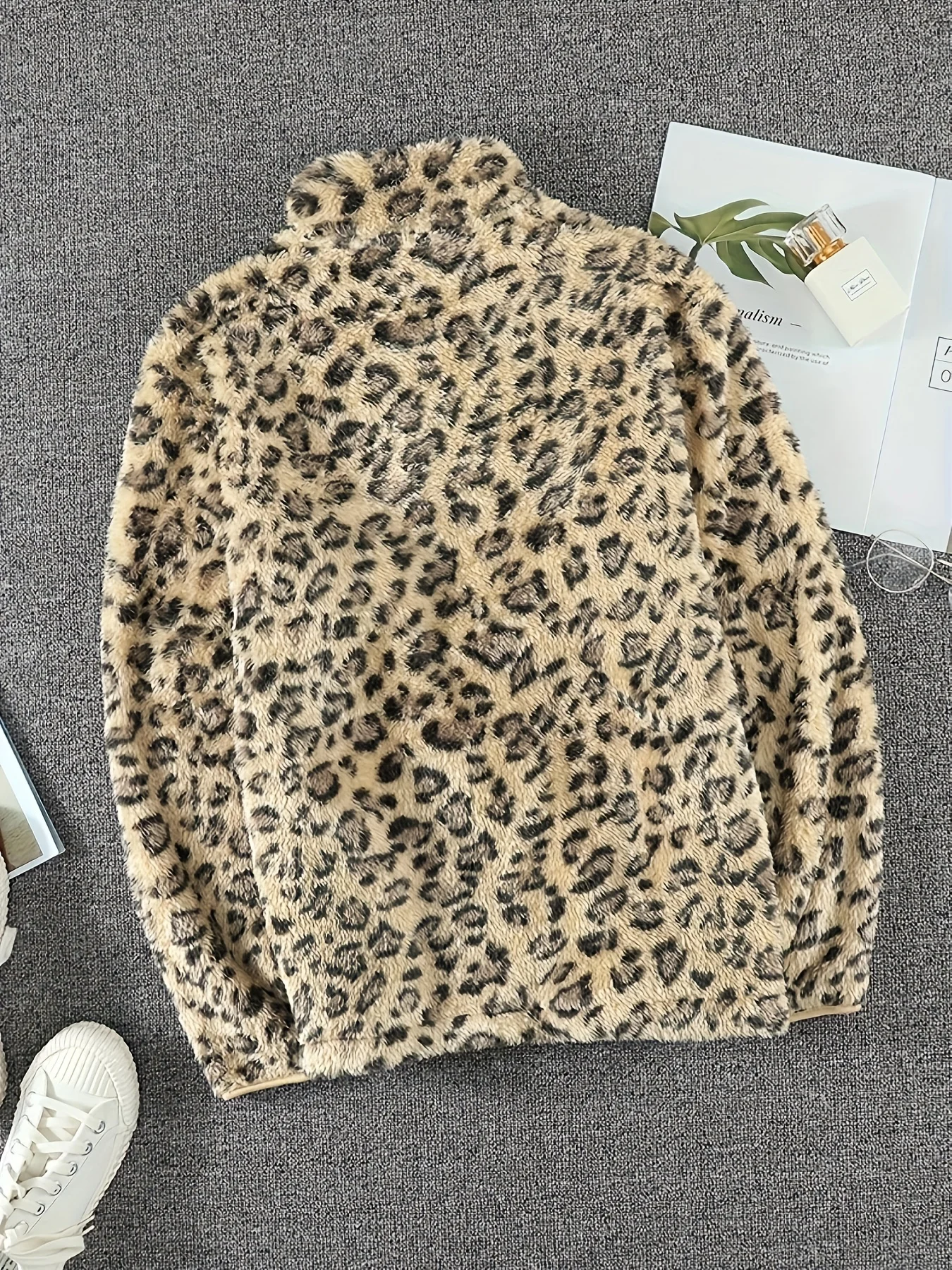 Plus Size Casual Sweatshirt, Women\'s Plus Leopard Print Long Sleeve High Neck Zipper Sweatshirt