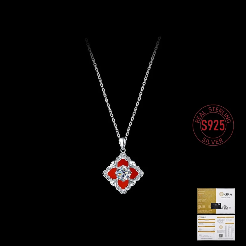 

Korean Style S925 Sterling Silver Necklace for Women Luxury Moissanite Red Clover Pendant Charm Women Accessories Party Gift
